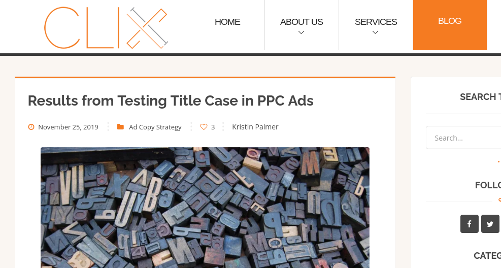 Screenshot Clix Marketing blog post header of title case test for PPC ads